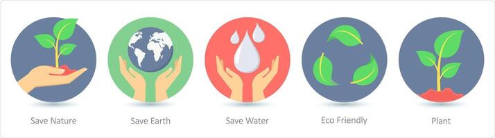 A set of 5 ecology icons as save nature, save earth, save water vector