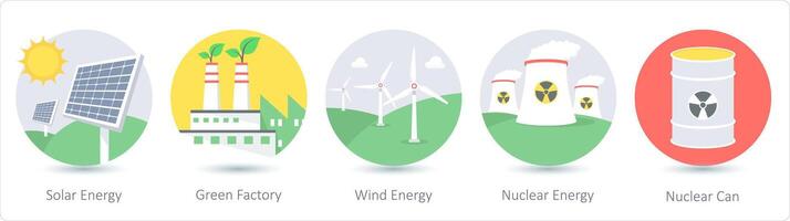 A set of 5 ecology icons as solar energy, green factory, wind energy vector