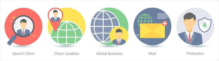 A set of 5 business icons as search client, client location, global business vector