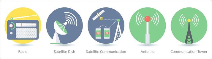 A set of 5 communication icons as radio, satellite dish, satellite communication vector