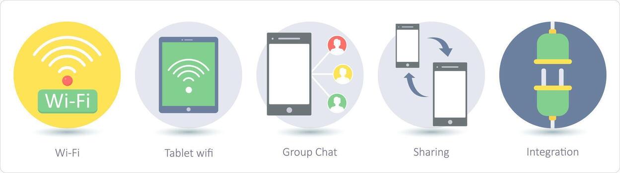 A set of 5 communication icons as wifi, tablet wifi, group chat vector
