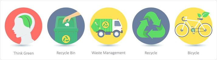 A set of 5 ecology icons as think green, recycle bin, waste management vector