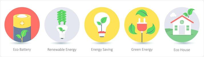 A set of 5 ecology icons as eco battery, renewable energy, energy saving vector