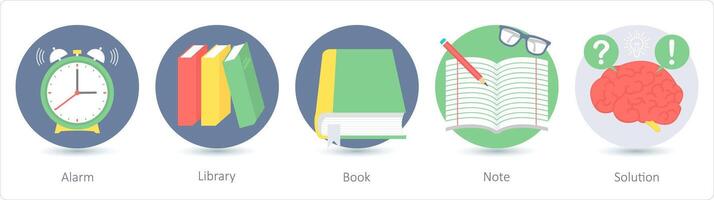 A set of 5 education icons as alarm, library, book vector