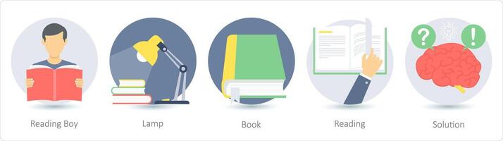 A set of 5 education icons as reading boy, lamp, book vector