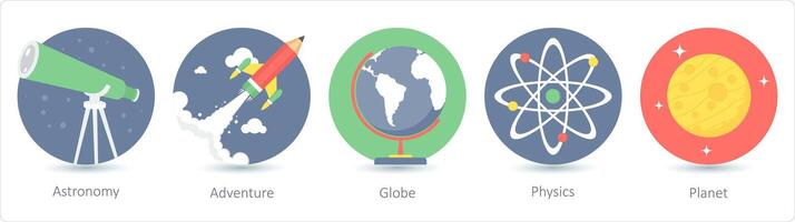 A set of 5 education icons as astronomy, adventure, globe vector