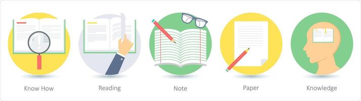 A set of 5 education icons as know how, reading, note, paper vector