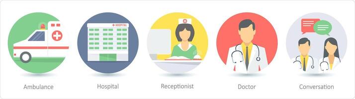 A set of 5 medical icons as ambulance, hospital, receptionist vector