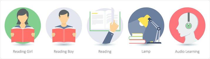 A set of 5 education icons as reading girl, reading boy, reading vector