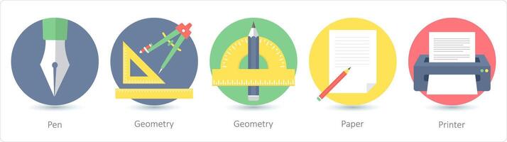 A set of 5 education icons as pen, geometry, paper vector