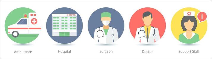 A set of 5 medical icons as ambulance, hospital, surgeon vector