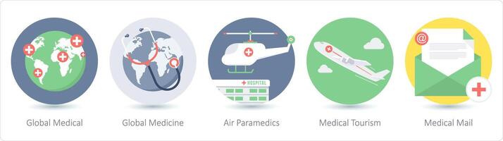 A set of 5 medical icons as global medical, global medicine, air paramedics vector