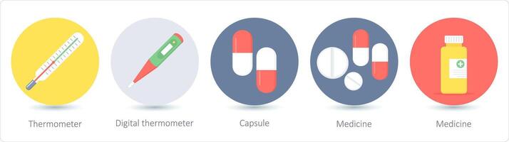 A set of 5 medical icons as thermometer, digital thermometer, capsule vector