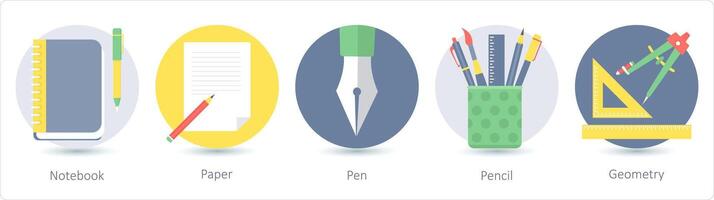 A set of 5 education icons as notebook, paper, pen vector