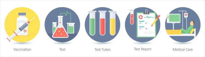 A set of 5 medical icons as vaccination, test, test tubes, test report vector