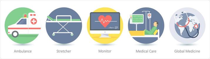 A set of 5 medical icons as ambulance, stretcher, monitor vector