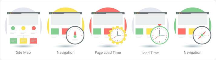 A set of 5 Web Layout icons as site map, navigation, page load time vector