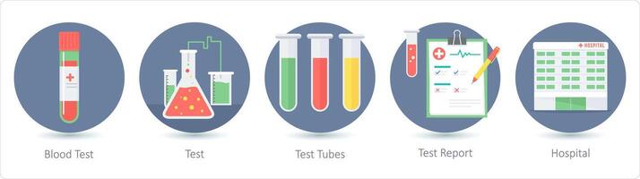 A set of 5 medical icons as blood test, test, test tubes, test report vector