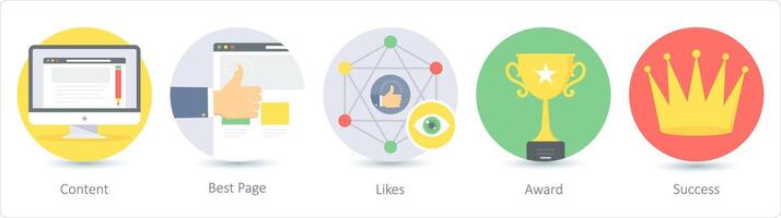 A set of 5 Seo icons as content, best page, likes vector