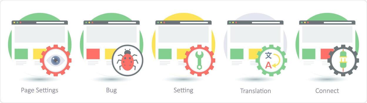 un conjunto de 5 5 web diseño íconos como página ajustes, bicho, ajuste vector