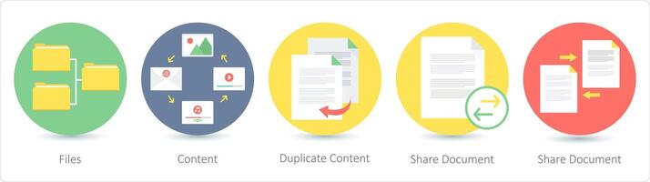 A set of 5 Seo icons as files, content, duplicate content, share document vector