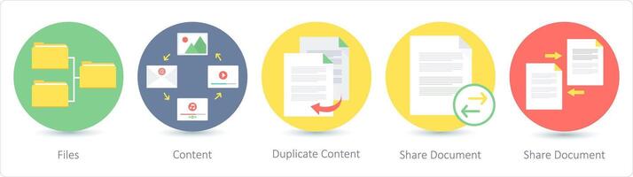 A set of 5 Seo icons as files, content, duplicate content, share document vector