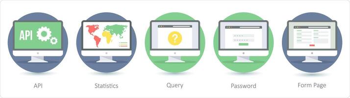 A set of 5 Seo icons as api, statistics, query vector