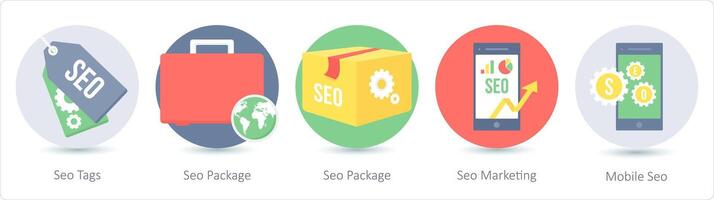 A set of 5 Seo icons as seo tags, seo package, seo marketing vector