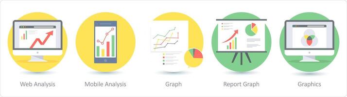 A set of 5 Seo icons as web analysis, mobile analysis, report graph vector