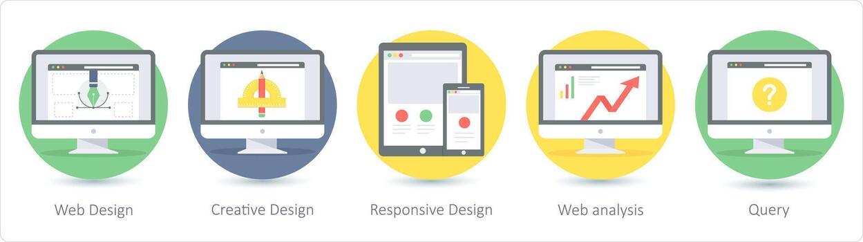 A set of 5 Seo icons as web design, creative design, responsive design vector