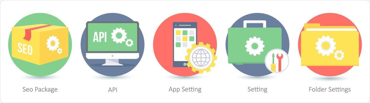 A set of 5 Seo icons as seo package, api, api setting vector
