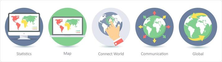 A set of 5 Seo icons as statistics, map, connect world vector