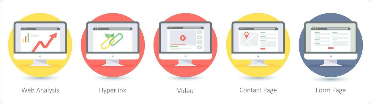 A set of 5 Seo icons as web analysis, hyperlink, video vector