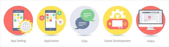 A set of 5 Seo icons as app setting, application, chat vector