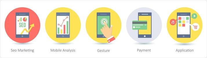 A set of 5 Seo icons as seo marketing, mobile analysis, gesture vector