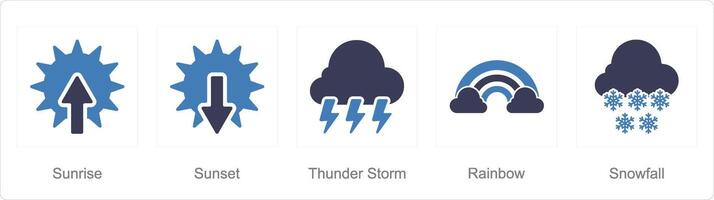 A set of 5 Mix icons as sunrise, sunset, thunderstorm vector