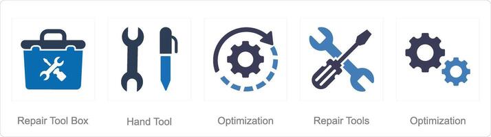 A set of 5 Mix icons as repair tool box, hand tool, optimization vector