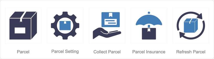 A set of 5 Mix icons as parcel, parcel setting, collect parcel vector