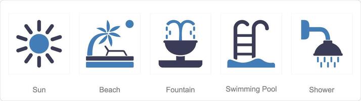 A set of 5 Mix icons as sun, beach, fountain vector