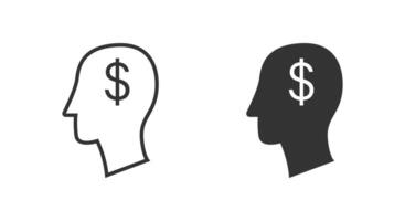 dólar símbolo en el cabeza. hombre pensando dinero icono. vector ilustración.
