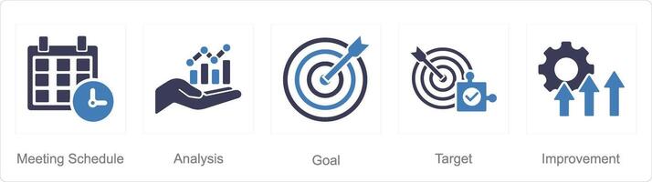 A set of 5 Action plan icons as meeting schedule, analysis, goal vector