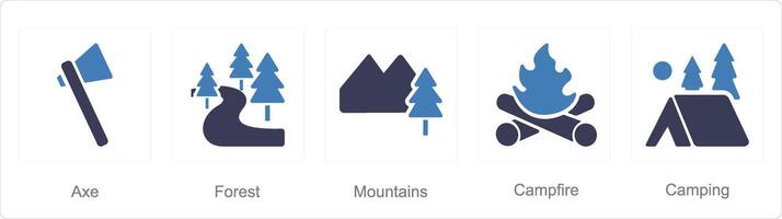 A set of 5 Adventure icons as axe, forest, mountains vector