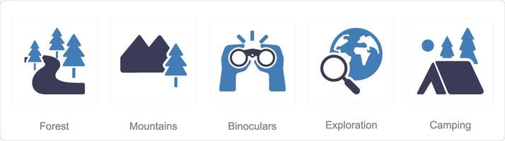 A set of 5 Adventure icons as forest, mountains, binoculars vector