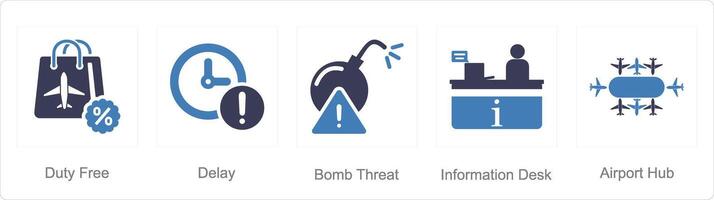 A set of 5 Airport icons as duty free, delay, bomb threat vector