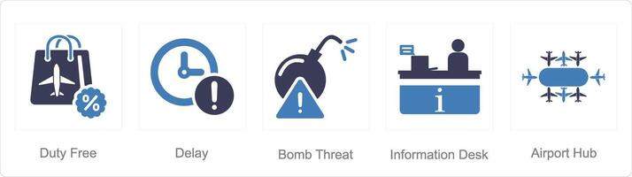 un conjunto de 5 5 aeropuerto íconos como deber gratis, demora, bomba amenaza vector