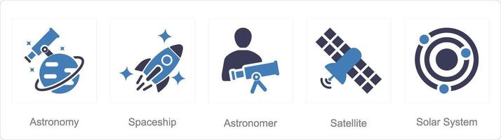 A set of 5 Astronomy icons as astronomy, spaceship, astronomer vector