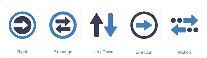 A set of 5 arrows icons as right, exchange, up down vector