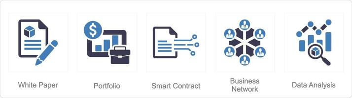 A set of 5 Blockchain icons as white paper, portfolio, smart contract vector