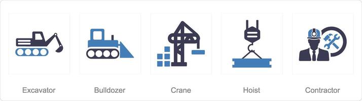 un conjunto de 5 5 construir íconos como excavador, excavadora, grua vector