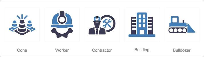 A set of 5 Build icons as cone, worker, contractor vector